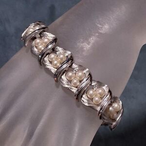 Vintage Trifari Pearl Rhinestone Silver Brushed Bracelet